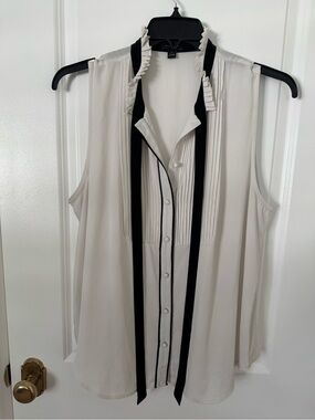 Ann Taylor Cream Sleeveless Blouse with Black Trim and Neck Ties